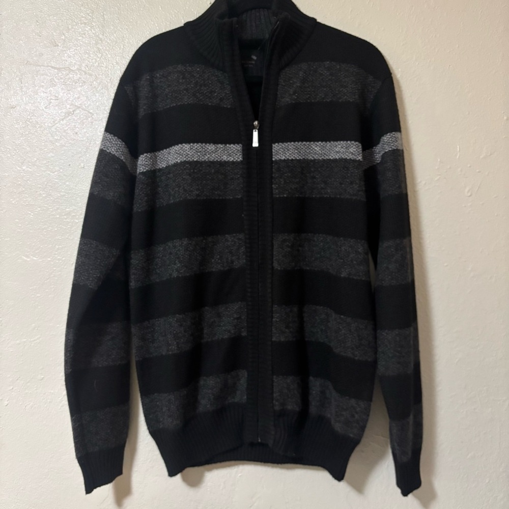 Men's Striped Full-Zip Sweater in Black and Gray